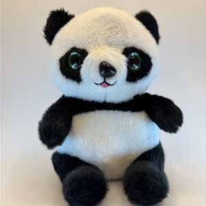 Panda Plush Stuffed Animal Black White Green Glitter Eyes 9 Inch Sitting Toy